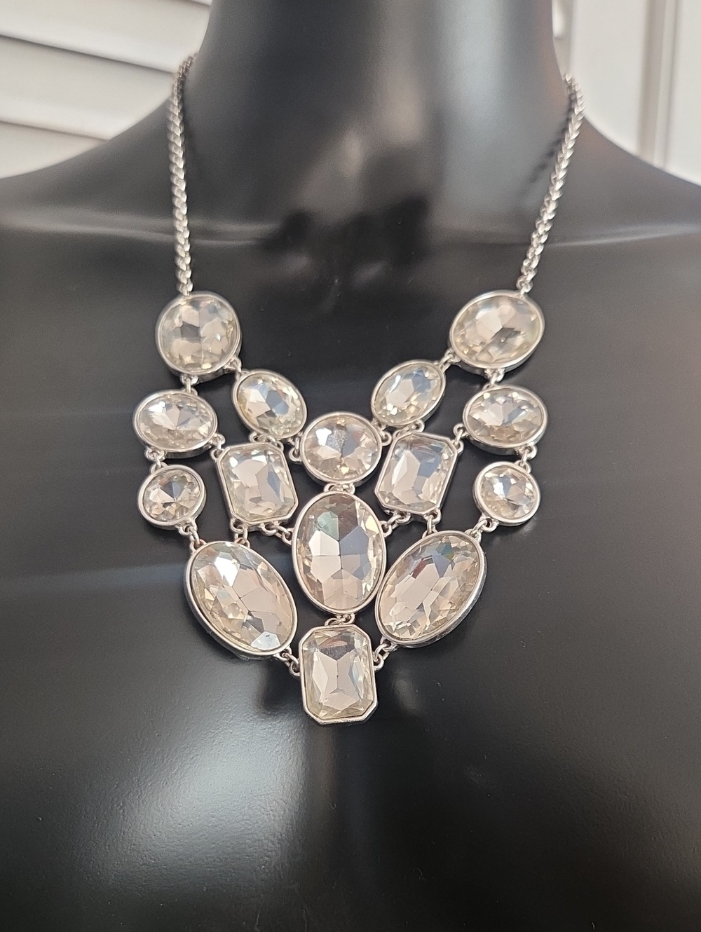 Silver Crystal Statement Necklace - Clear Faceted Stones